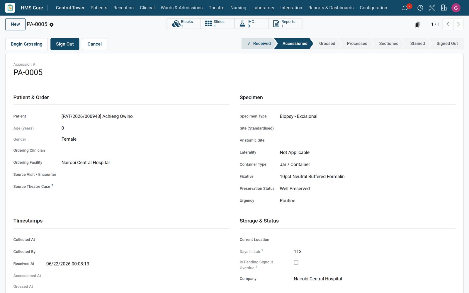Pathology in the Bridge HMS Suite: Histology and cytology workflows with specimen and slide tracking