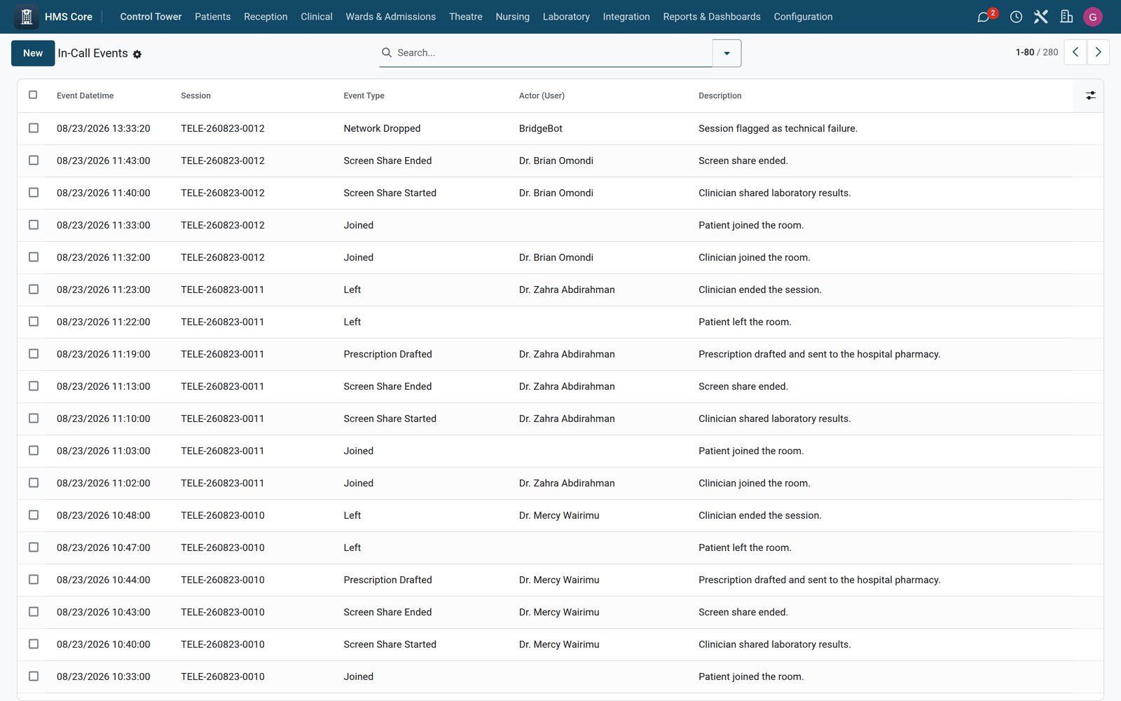 Telehealth in-call events in BridgeERP HMS: patient joined, results shared, prescription sent