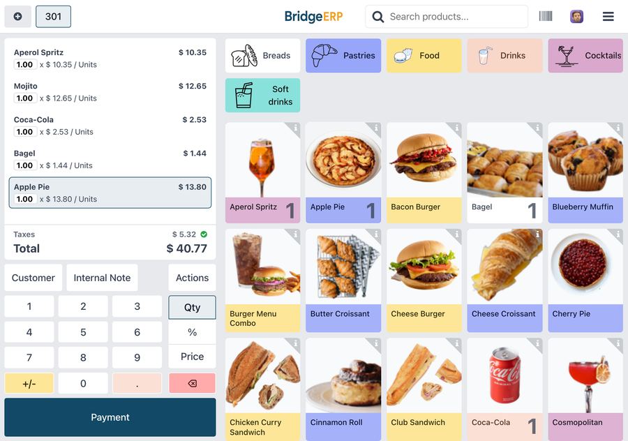Bar and restaurant till in BridgeERP Point of Sale