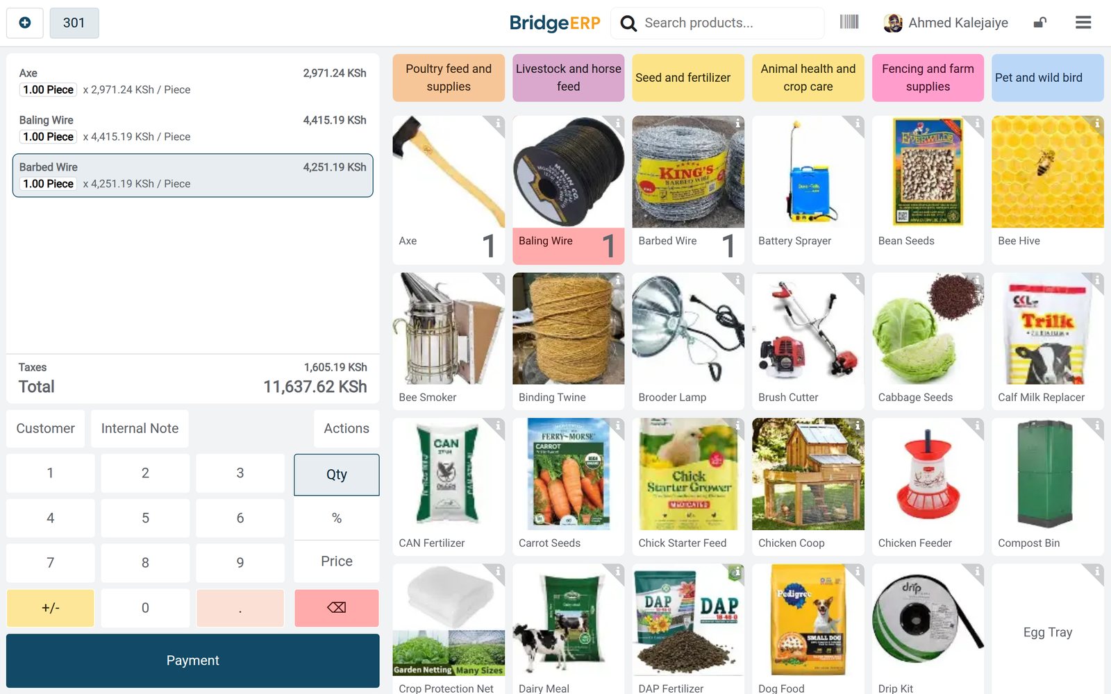 Till at a farm supply store in BridgeERP Point of Sale, ringing up a sale