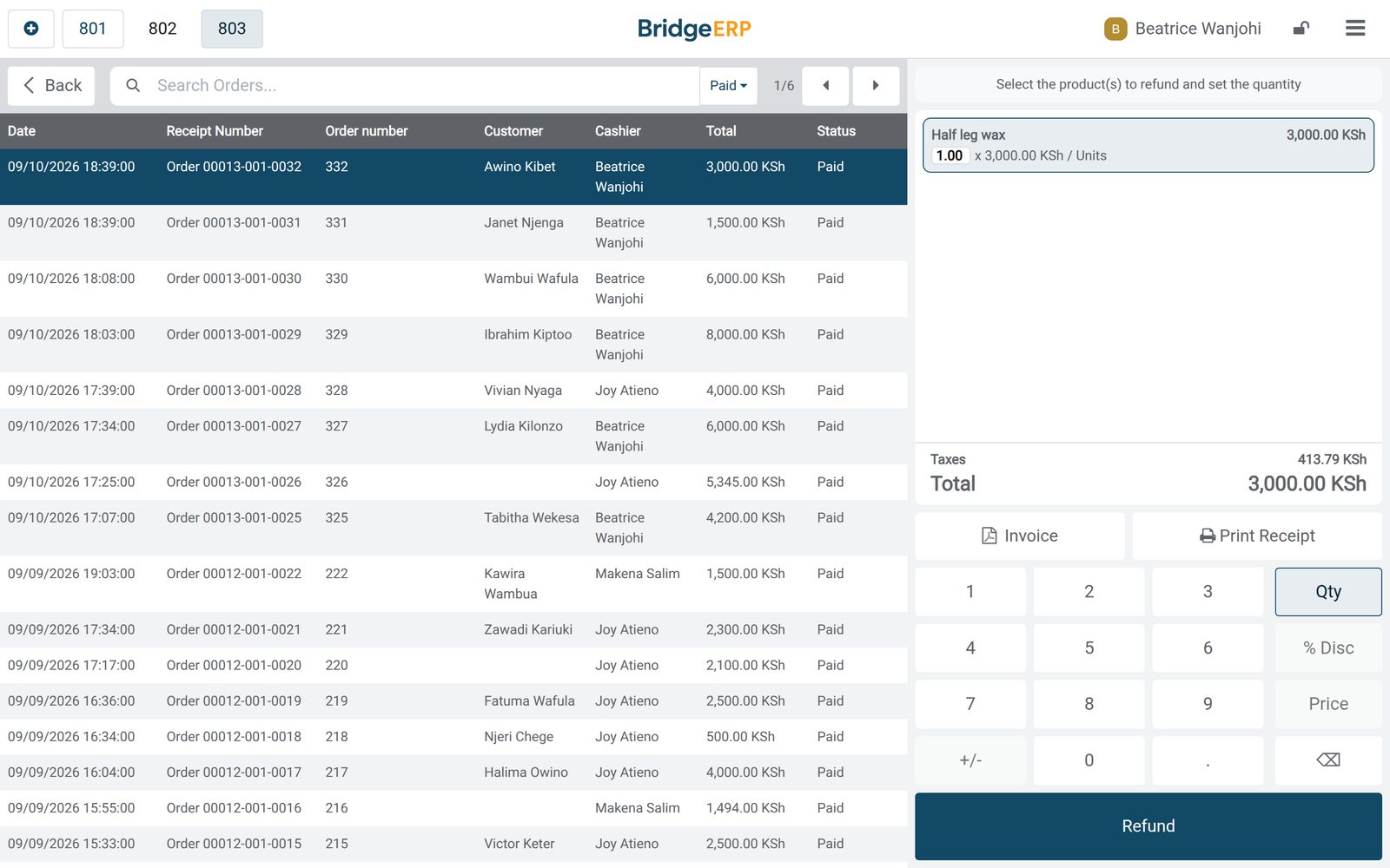 BridgeERP point of sale orders screen at a beauty shop front desk, with one visit's receipt open