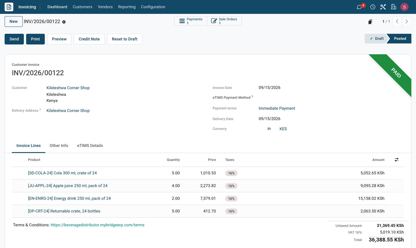 BridgeERP beverage distributor customer invoice with drinks and crates