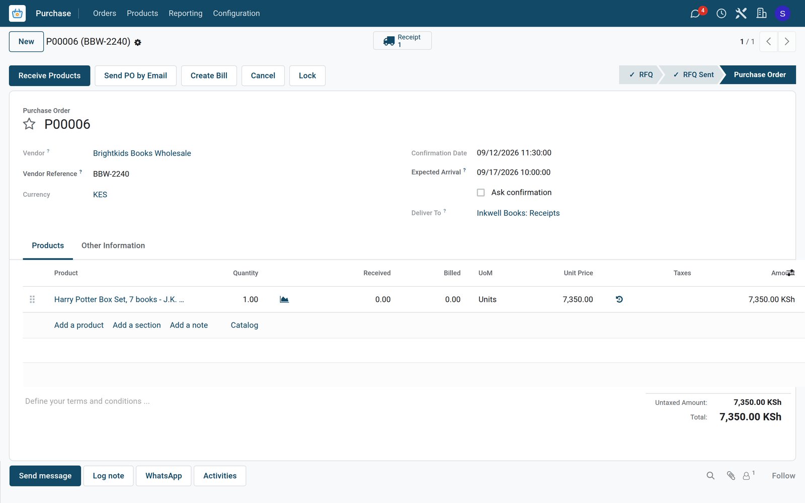 BridgeERP purchase order for a special-order book