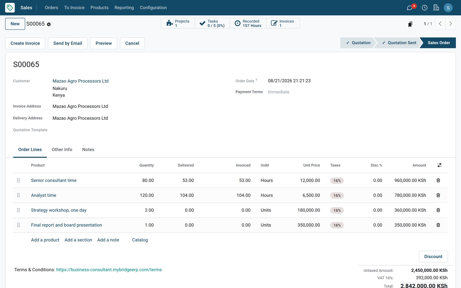BridgeERP sales order with delivered and invoiced hours