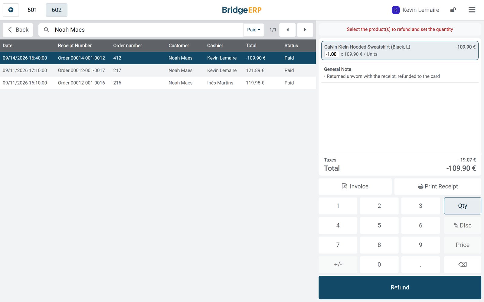 BridgeERP point of sale refund receipt: a returned hooded sweatshirt, €109.90 back to the card