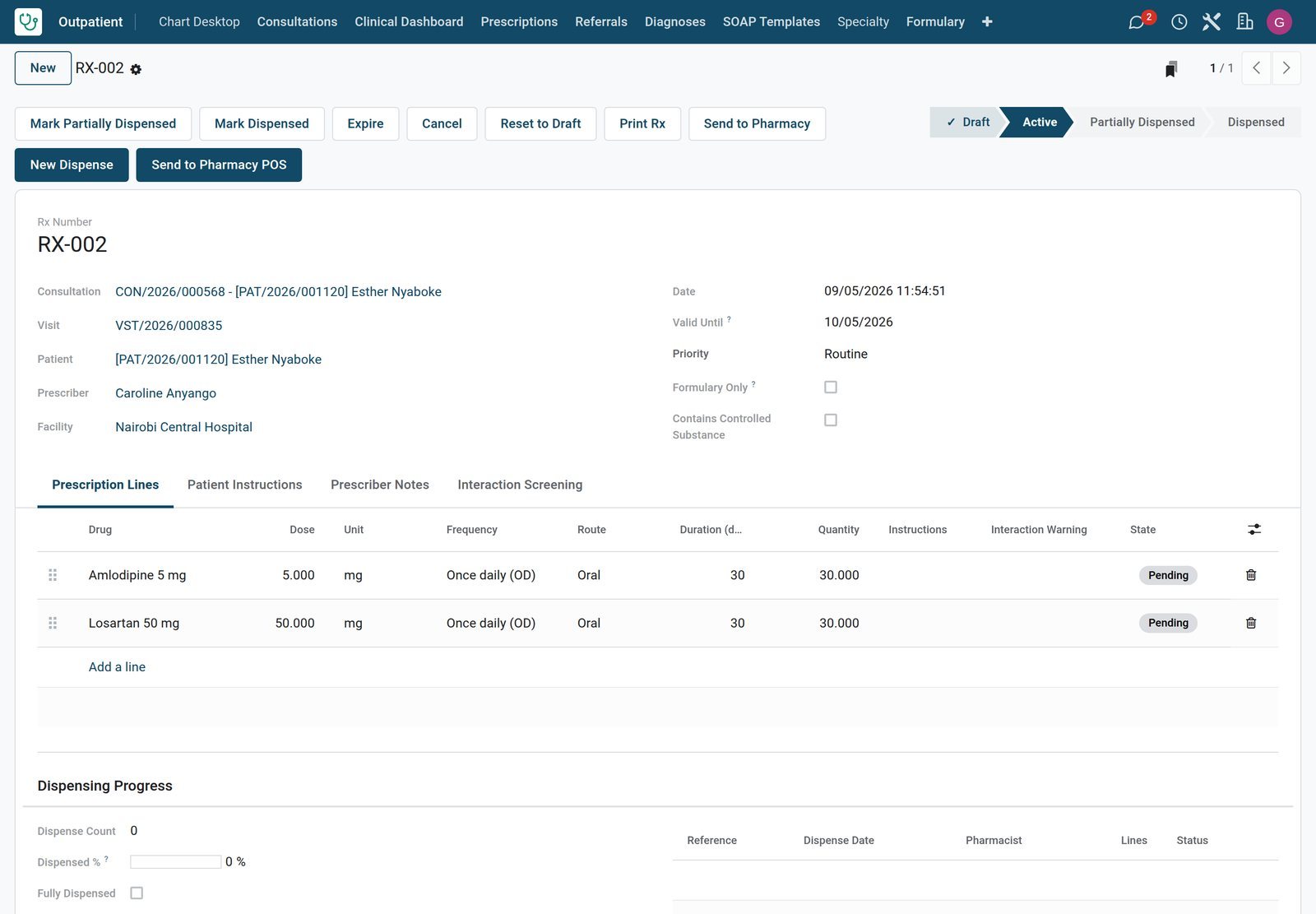 BridgeERP HMS prescription form