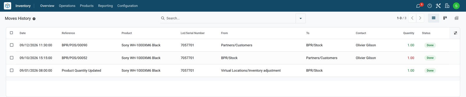 BridgeERP stock moves of a returned serial number