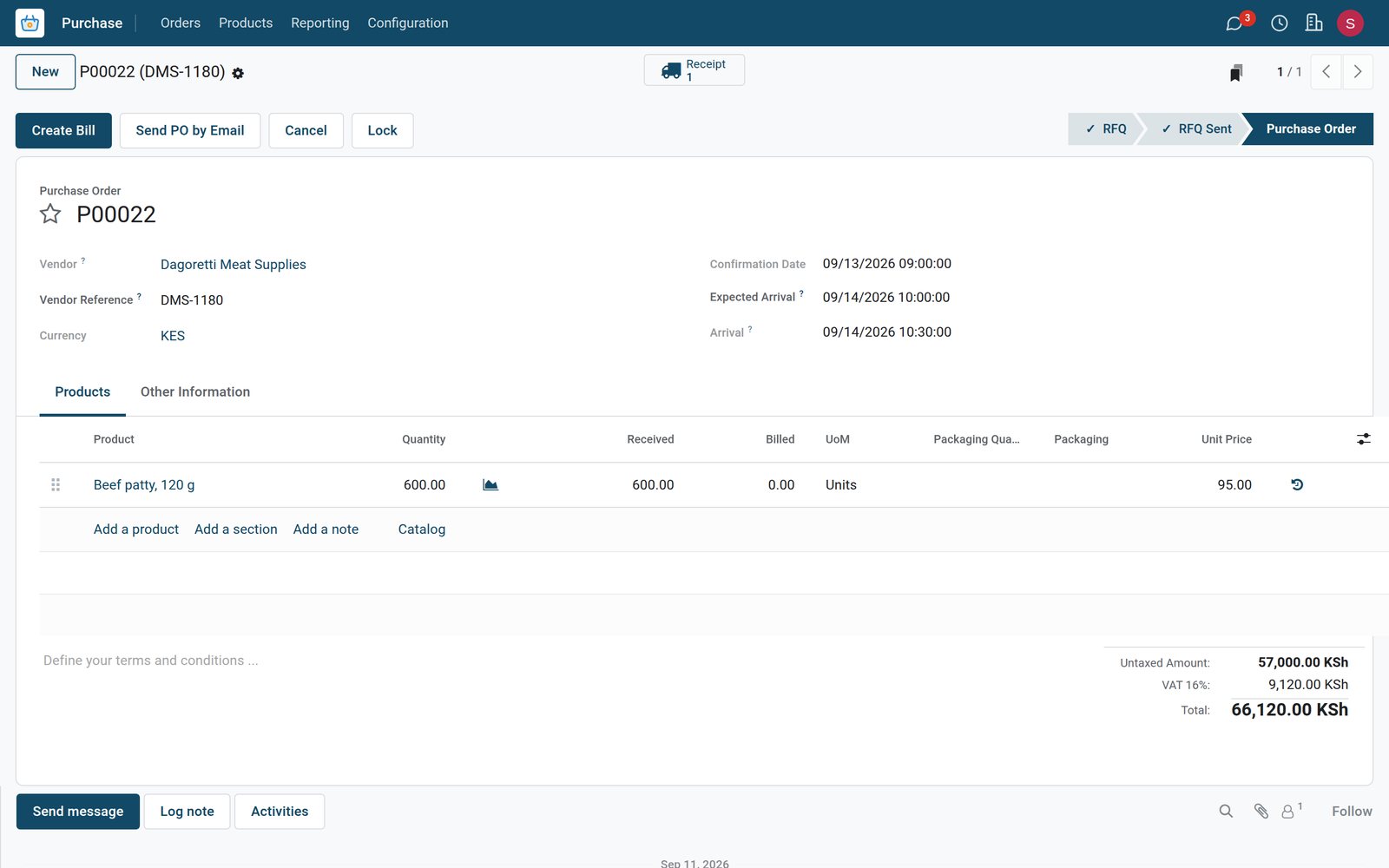 BridgeERP purchase order received for a fast food restaurant