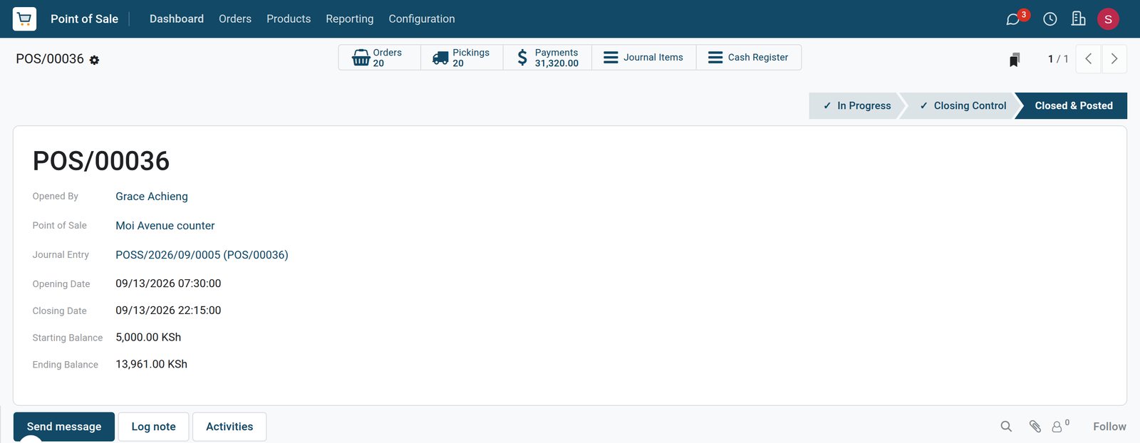 BridgeERP closed point of sale session with cash control