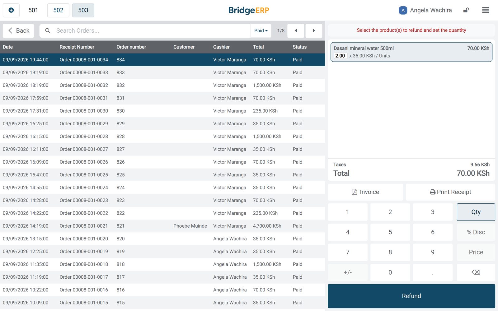 BridgeERP point of sale orders screen at a gym front desk: the day's passes, drinks and supplements