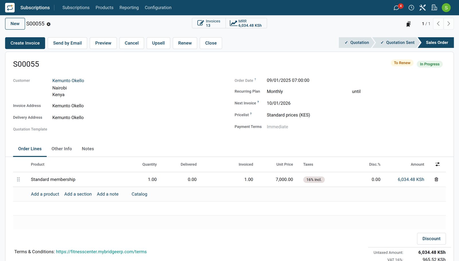 BridgeERP gym membership subscription with its invoices