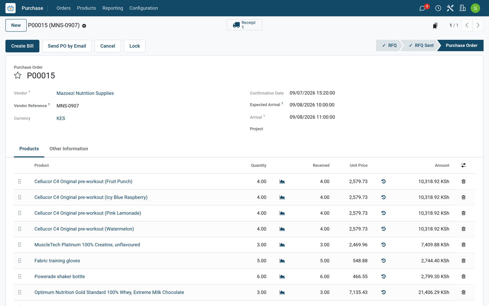 BridgeERP gym purchase order from a supplements distributor