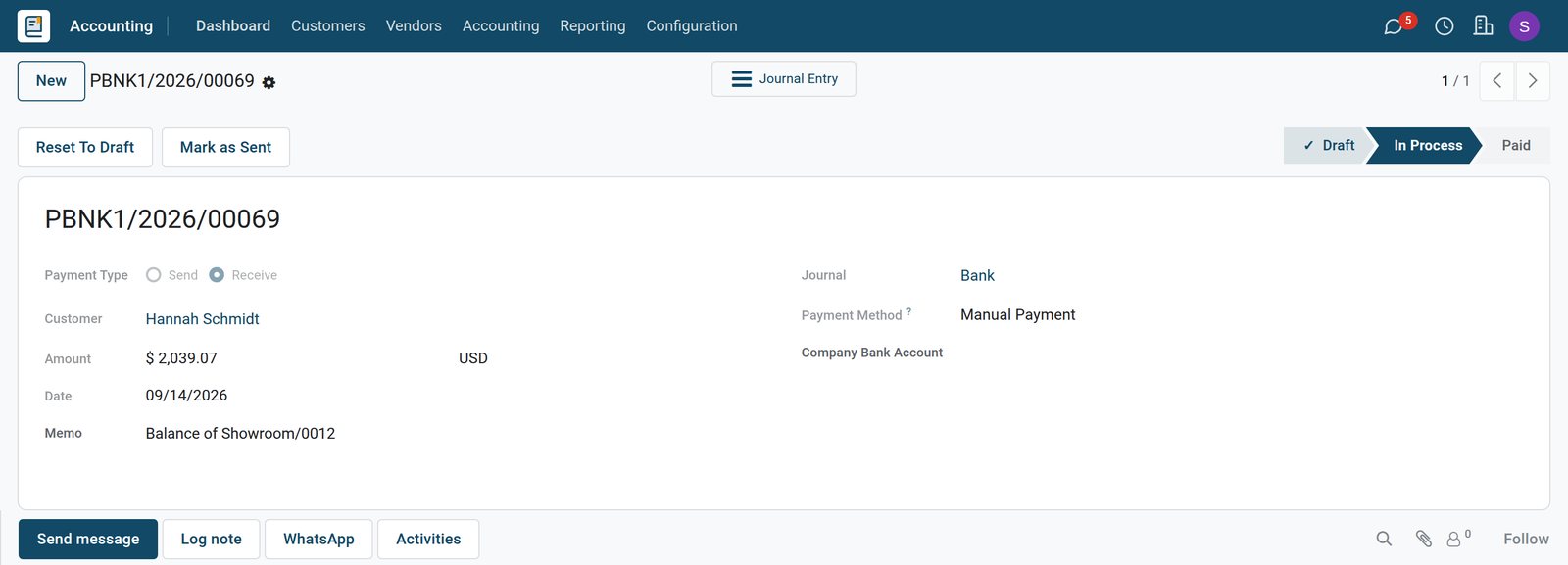 BridgeERP customer payment of a furniture order balance