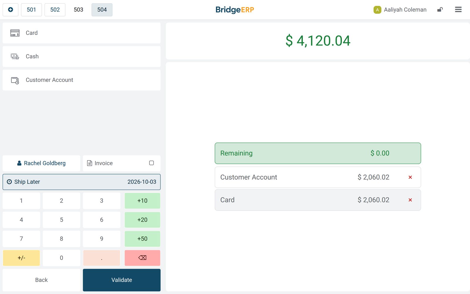 BridgeERP point of sale payment for a sofa, a coffee table and a lamp, with delivery set for a later date
