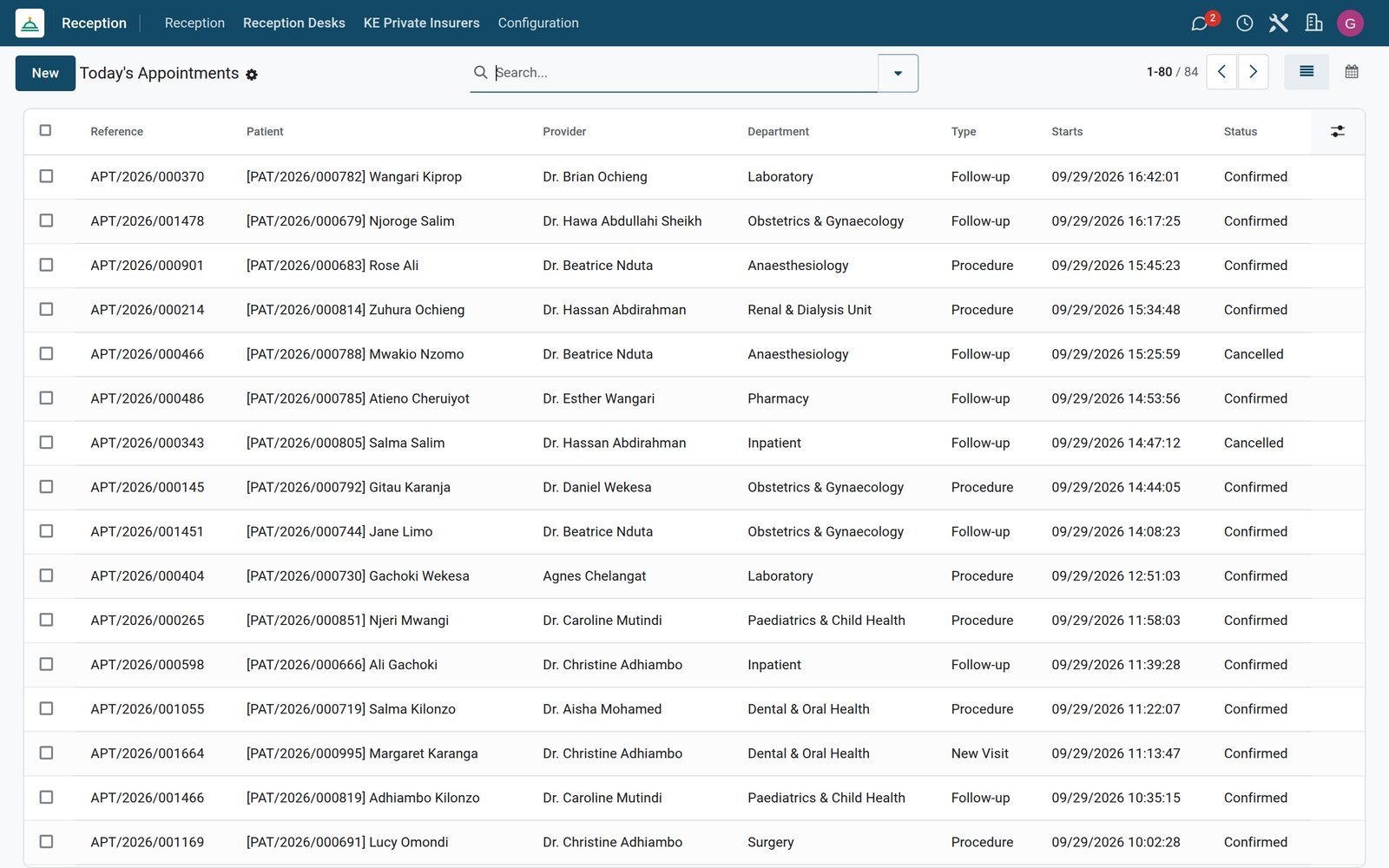 Reception Appointments list with upcoming patient bookings, doctors and appointment times