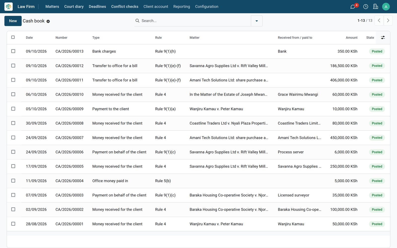BridgeERP Law Firm client account cash book with rule citations