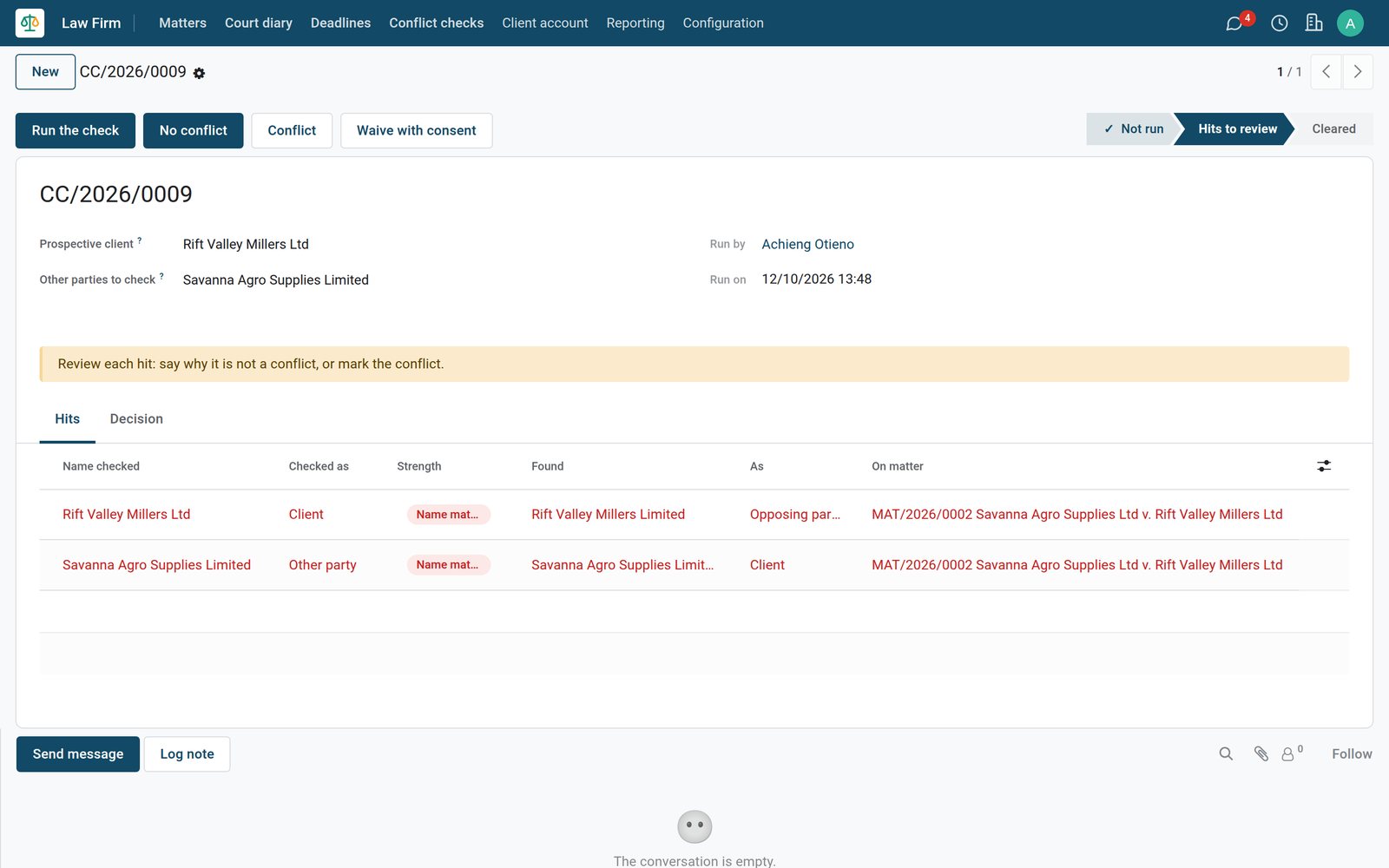 BridgeERP Law Firm conflict check with two hits on an existing matter