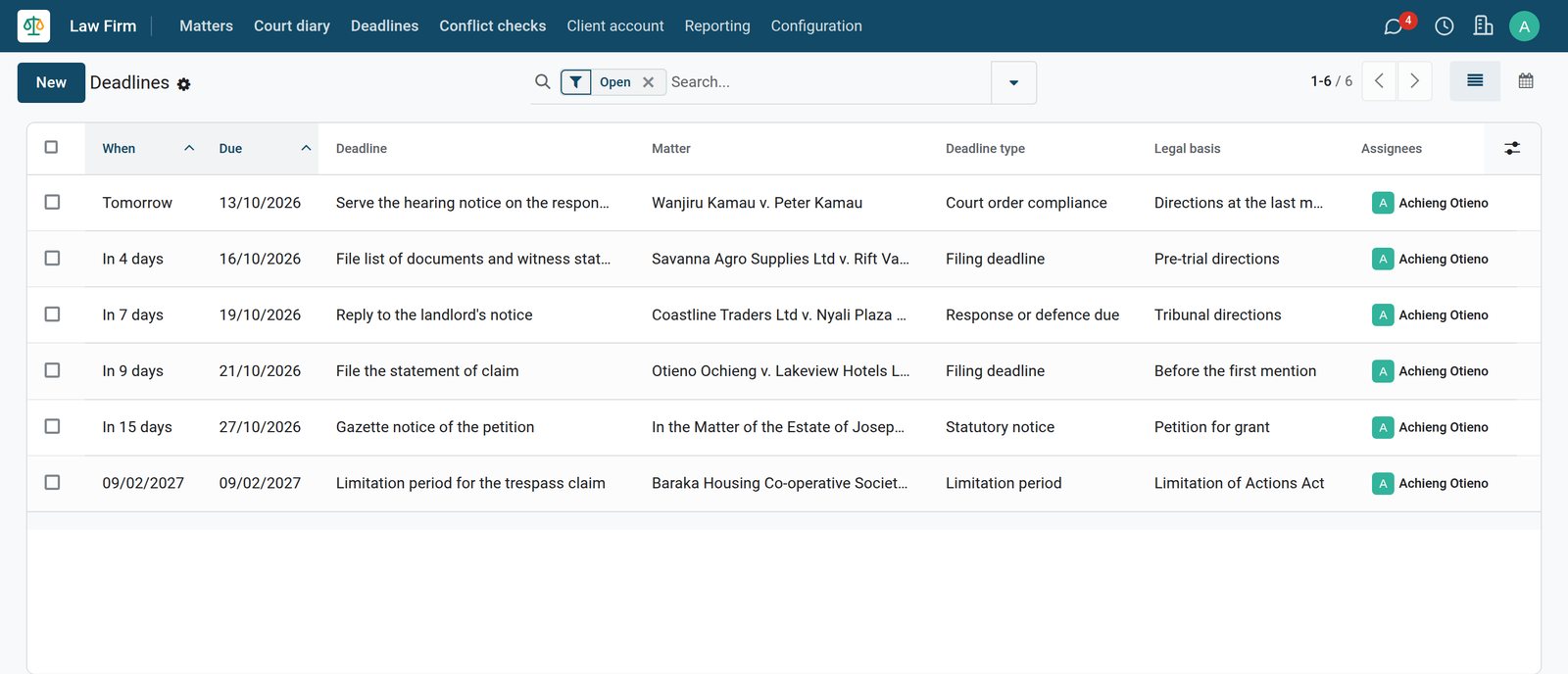 BridgeERP Law Firm deadlines list with due dates, matters and deadline types