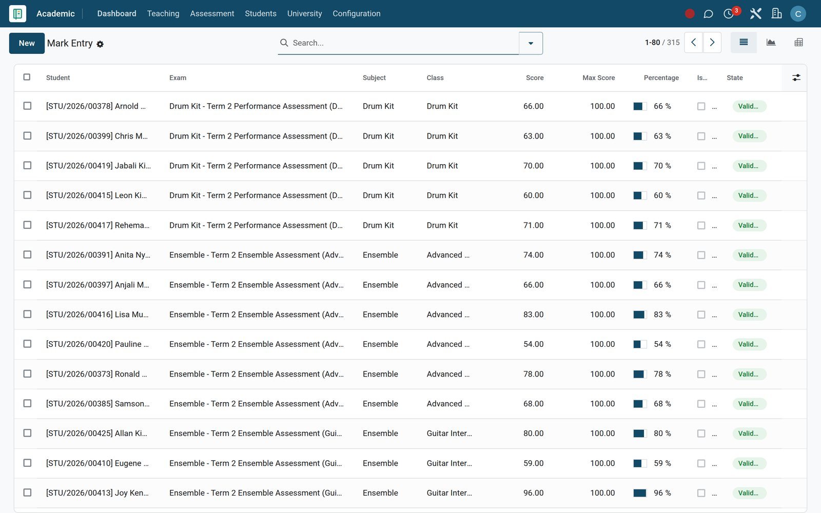 Mark Entry list in BridgeERP with scores and percentages per student