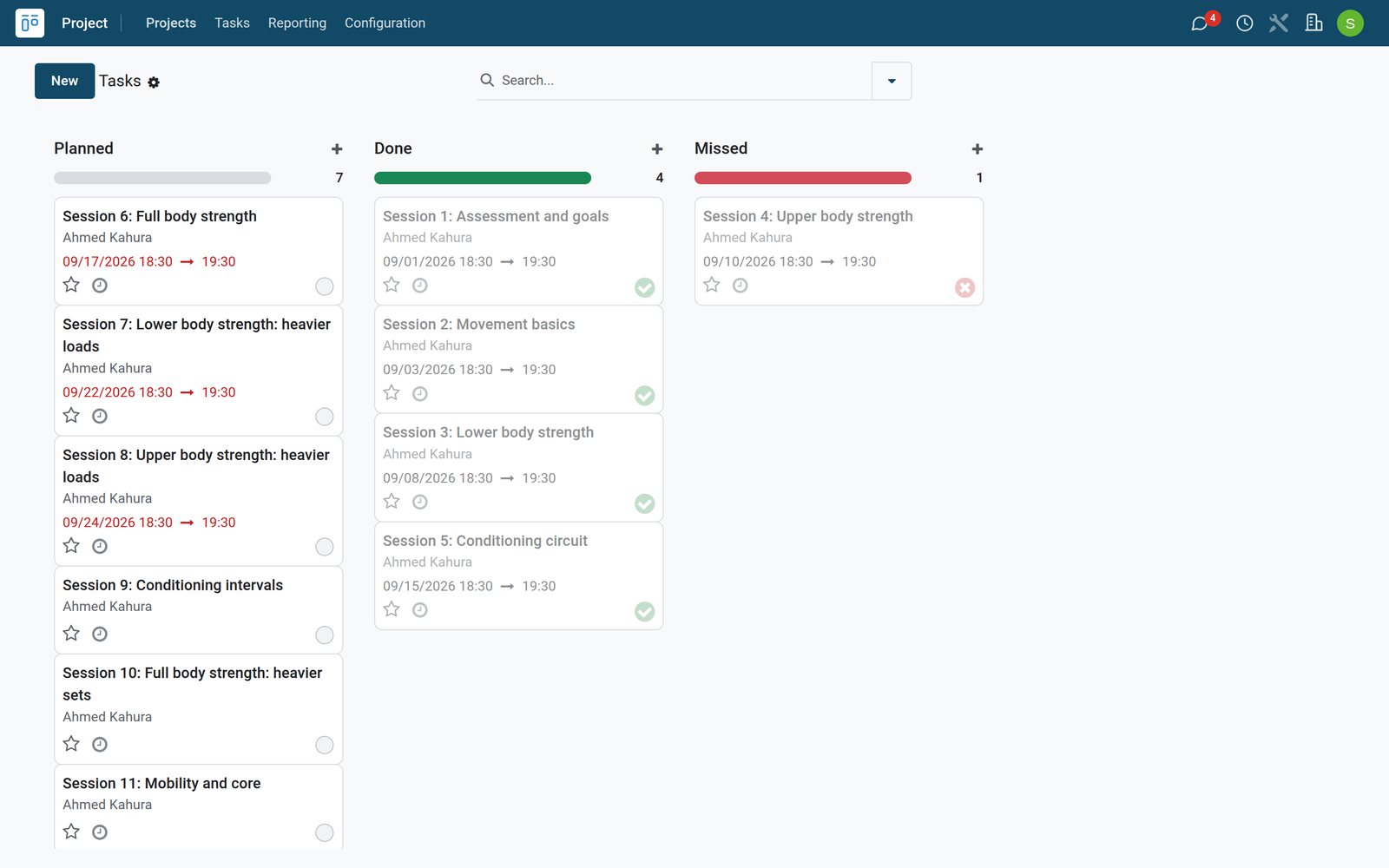 BridgeERP personal training programme board by stage