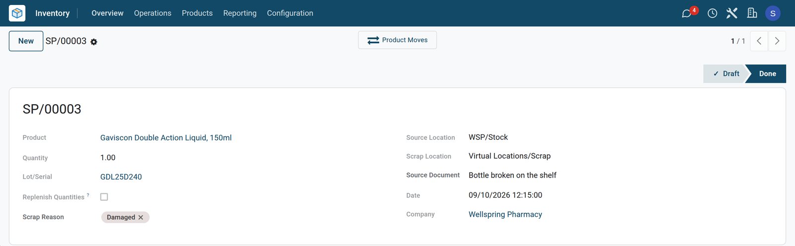 BridgeERP scrap order of a damaged pharmacy item