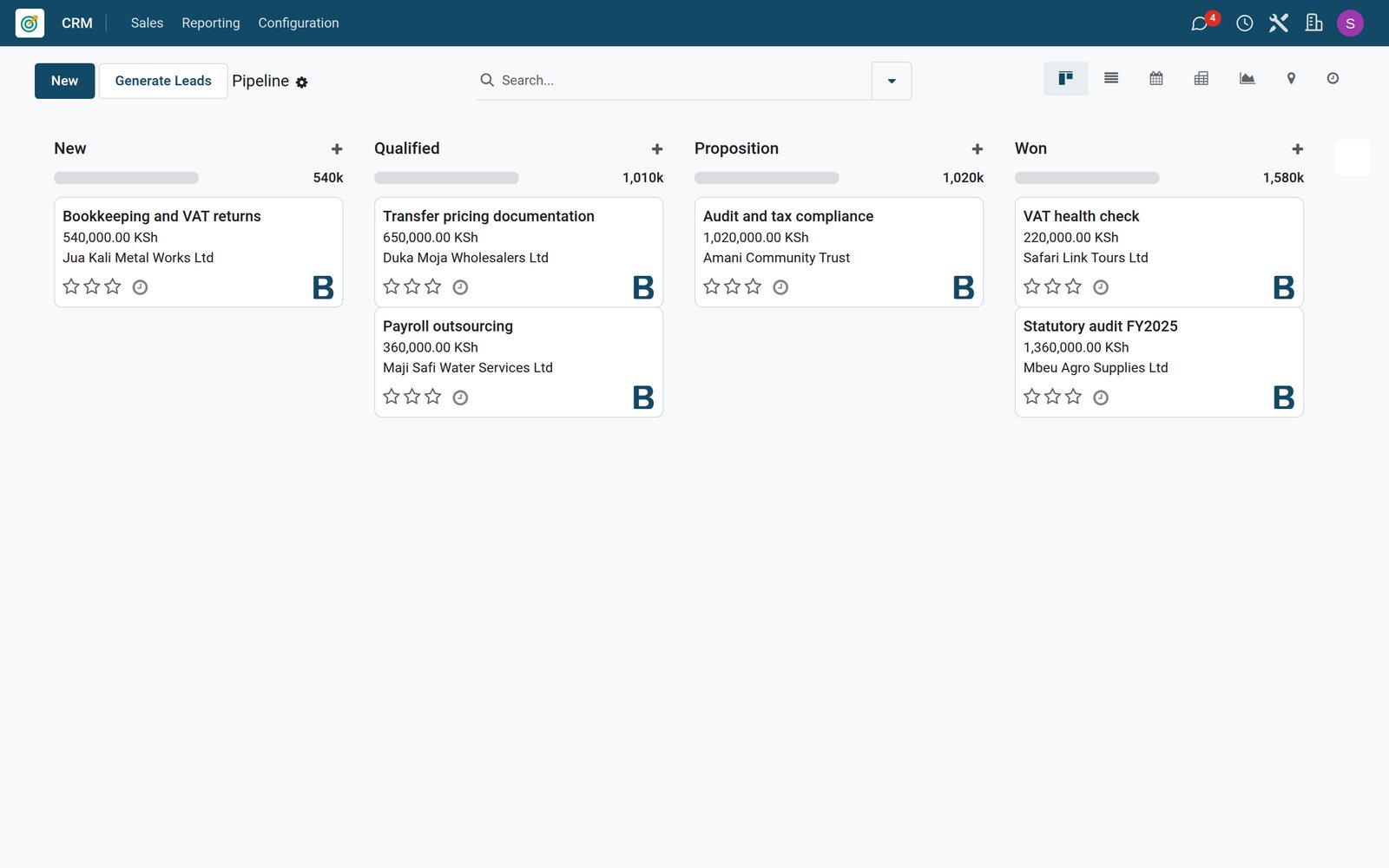 Sales pipeline of a professional services firm in BridgeERP CRM