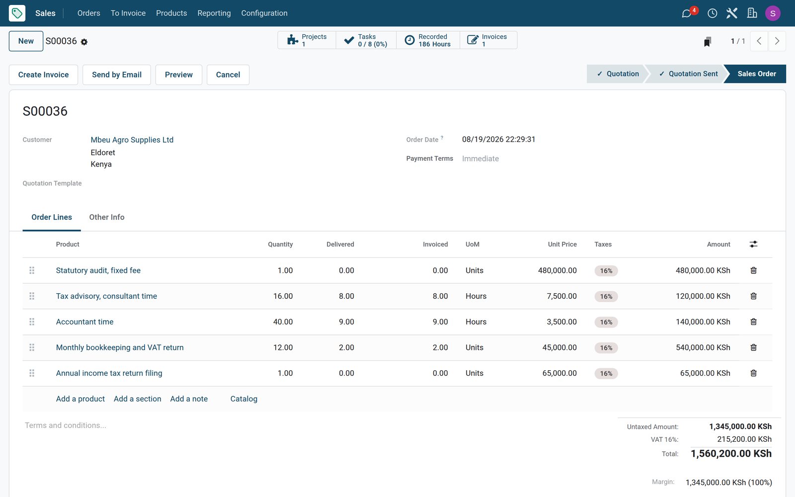 BridgeERP sales order with delivered and invoiced engagement work