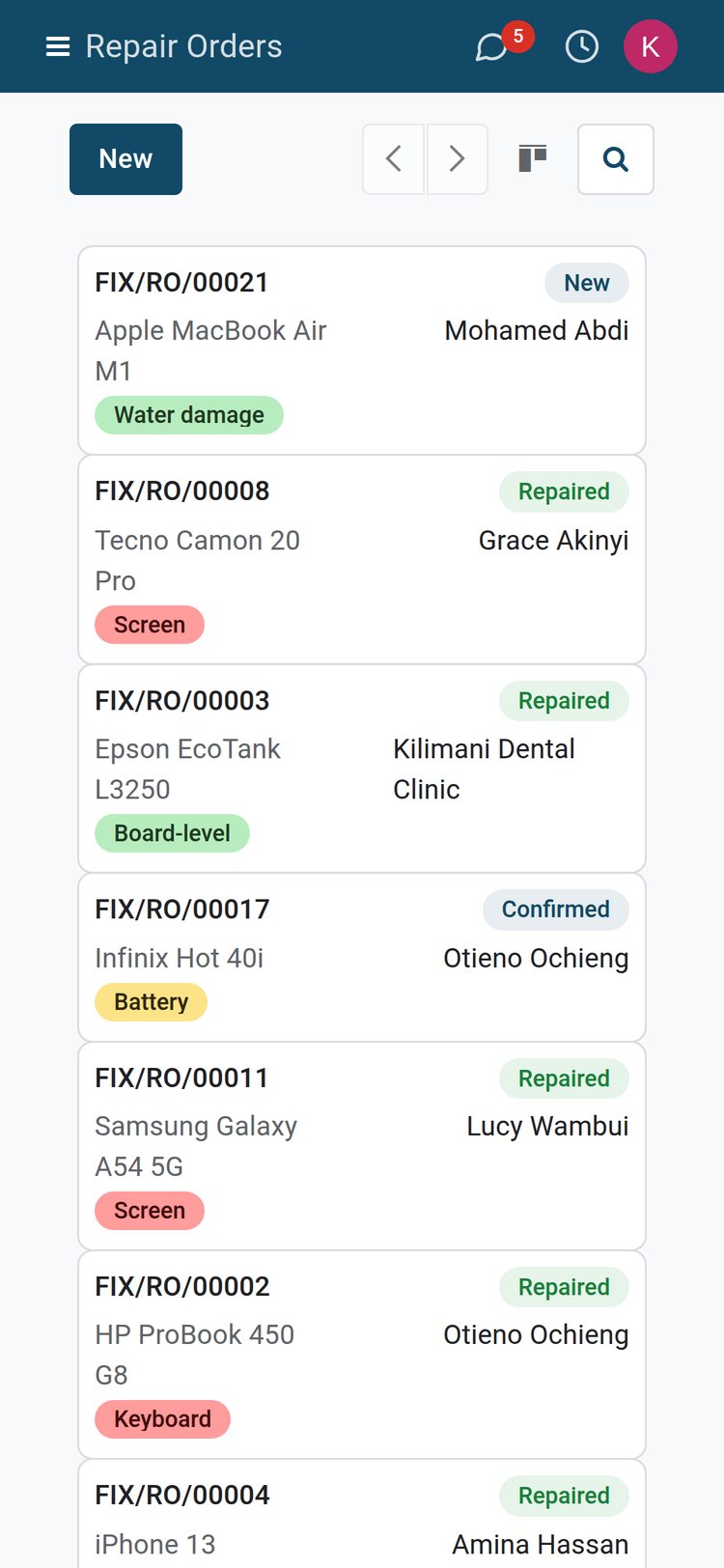 BridgeERP Repairs board on a phone screen with repair order cards