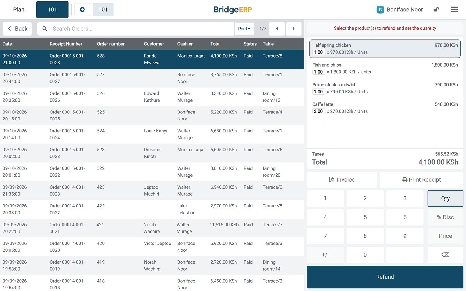 BridgeERP point of sale orders screen at a sports clubhouse: the day's bills with waiter, member, table and total