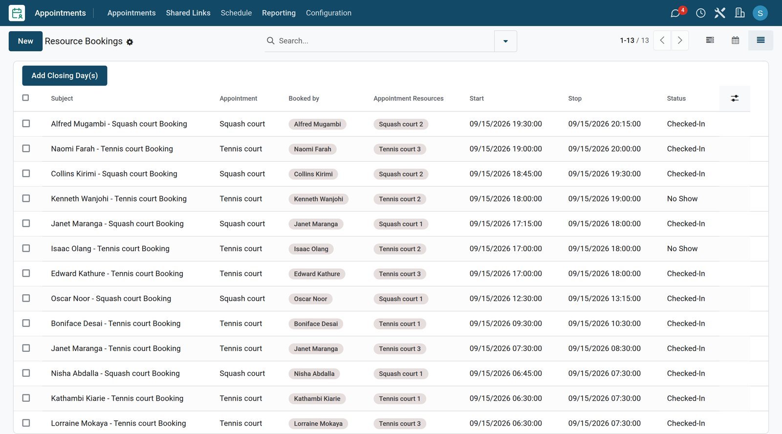 BridgeERP sports club court bookings with check-ins and no-shows