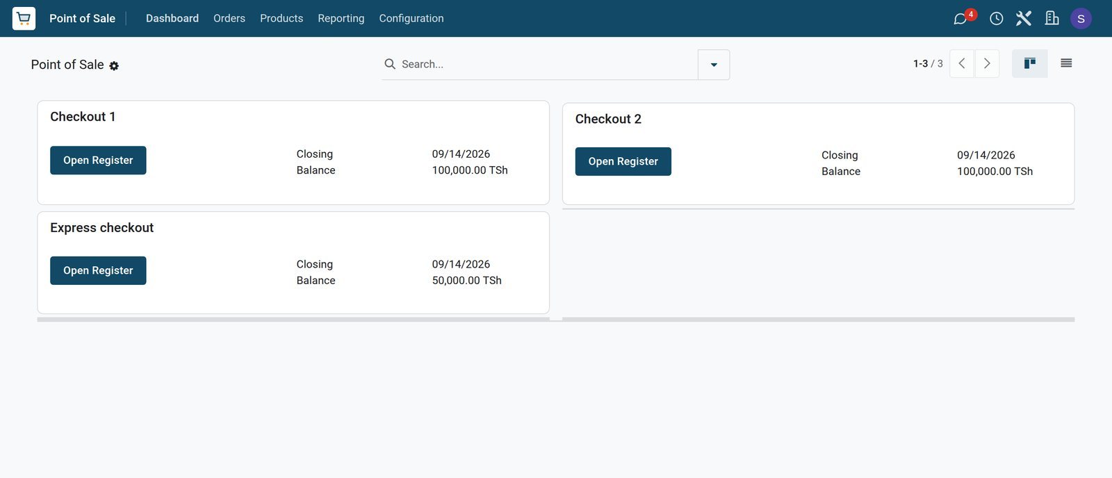 BridgeERP point of sale dashboard with three supermarket checkouts