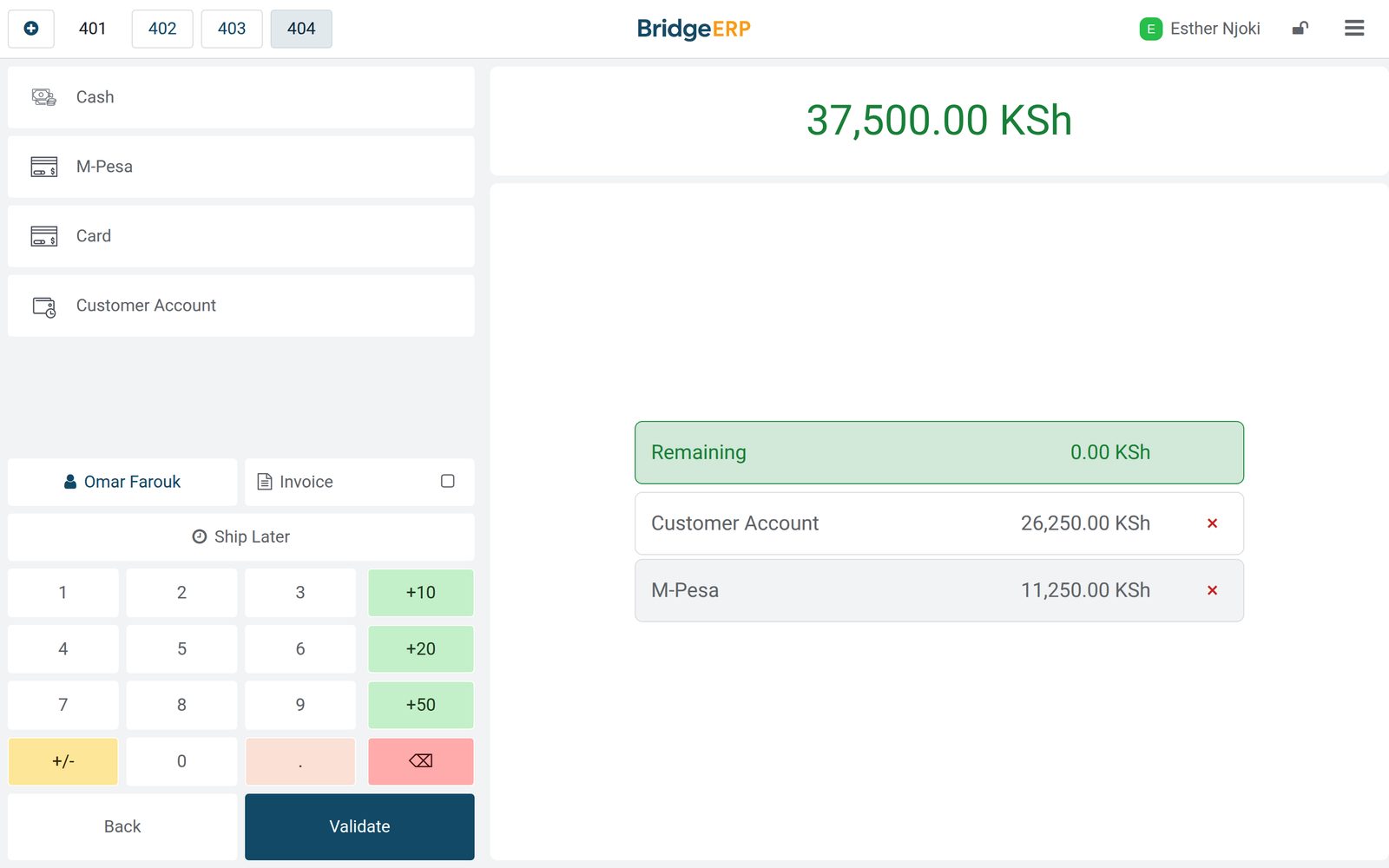 BridgeERP point of sale payment at a toy shop: KSh 11,250 by M-Pesa and KSh 26,250 on the customer account