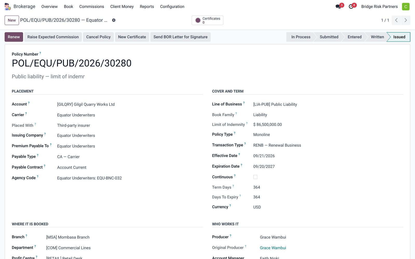 Broker placement of a public liability policy in Bridge Insurance