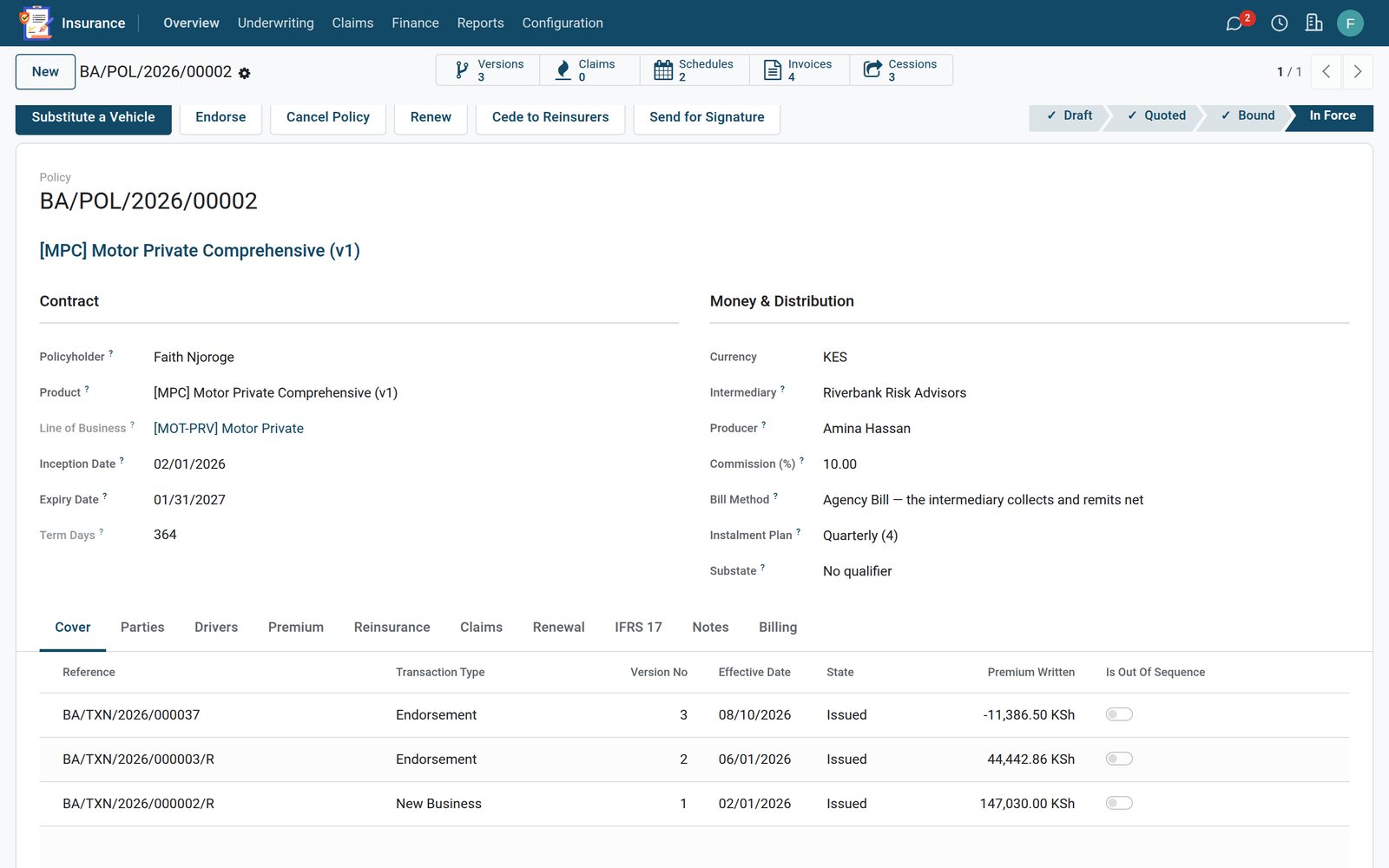 Insurance Management — Policy with its transactions