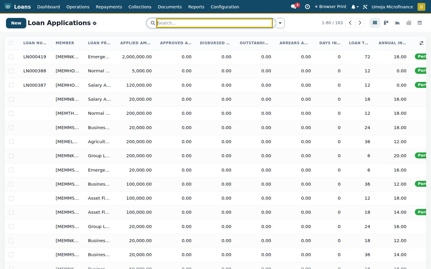 Loans screen