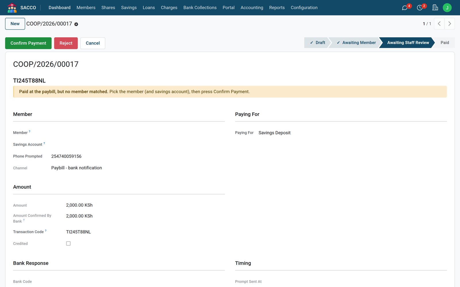 Bank Collections: Pick the member and confirm