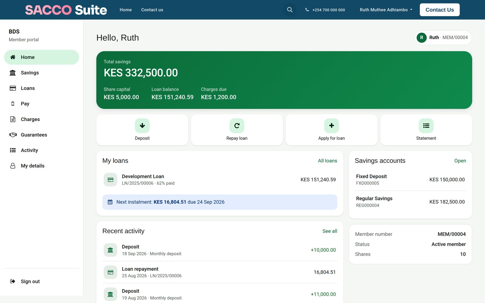 The member portal home: total savings, share capital, loan balance and charges due