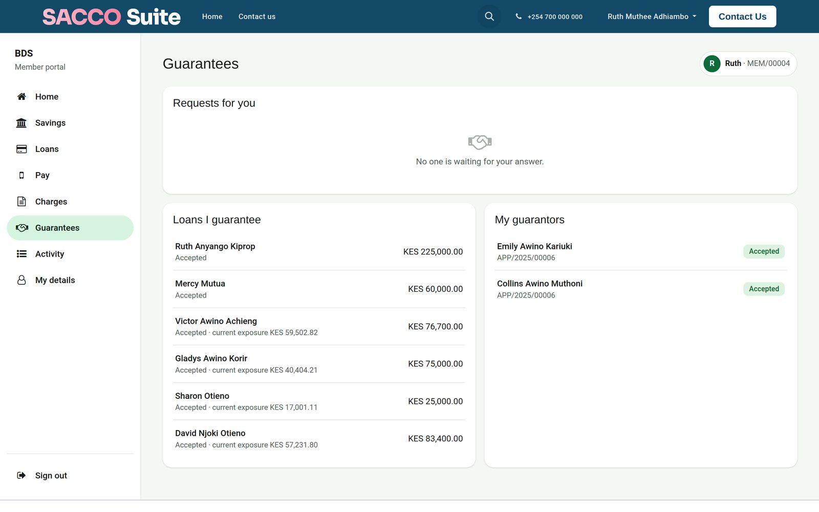 The guarantees page of the member portal
