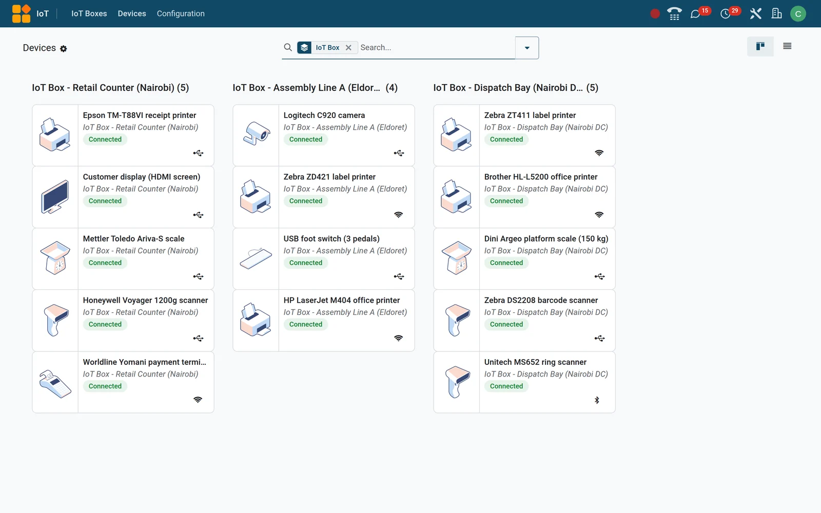 The IoT Devices screen in BridgeERP: printers, scales, scanners, a camera and a payment terminal, grouped under the IoT Box each one is connected to.
