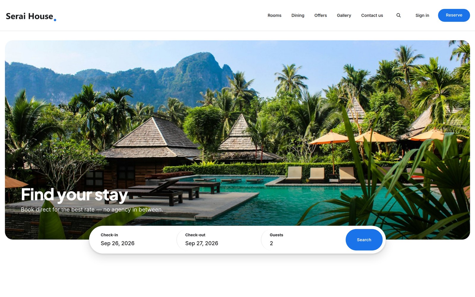 The Serai House hotel website: a pool and garden photo under the headline Find your stay, with check-in, check-out and guests fields and a Search button.