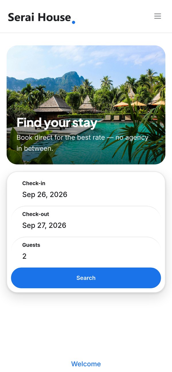 The Serai House website on a phone, with the booking search under the photo.